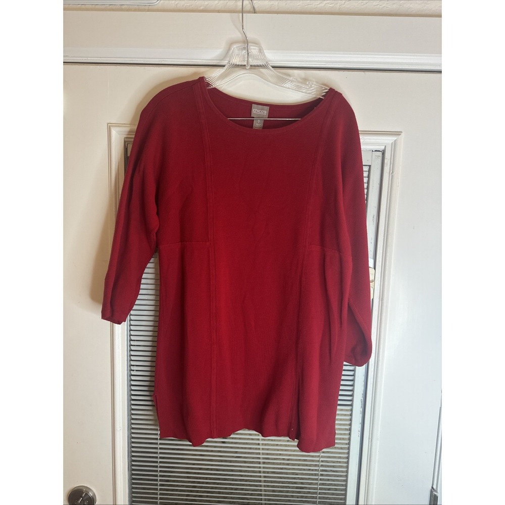 Chico's Red Tunic Sweater Size One Three-Quarter Sleeve Round Neck